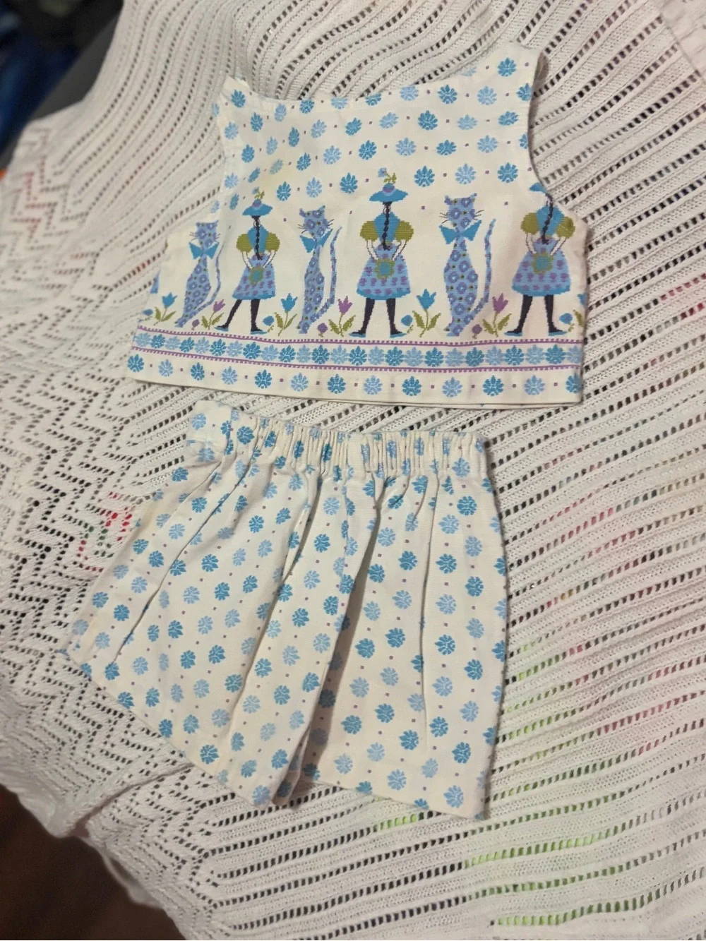 VTG 2 Piece Girls Matching Skirt Set Cotton Blend Woven Handmade Cat Boutique